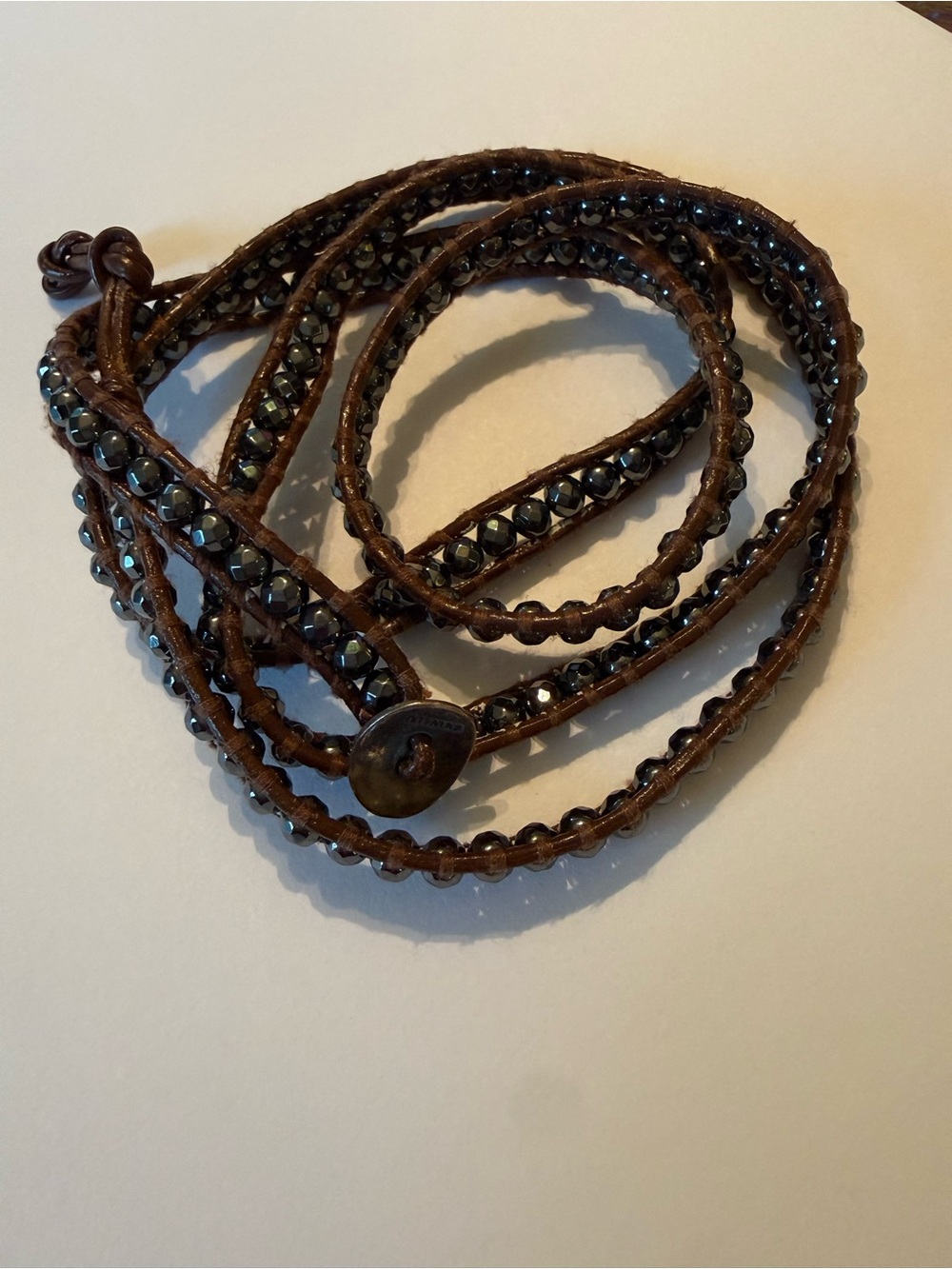 Chan Luu Brown Leather Wrap Bracelet with Faceted Dark Beads